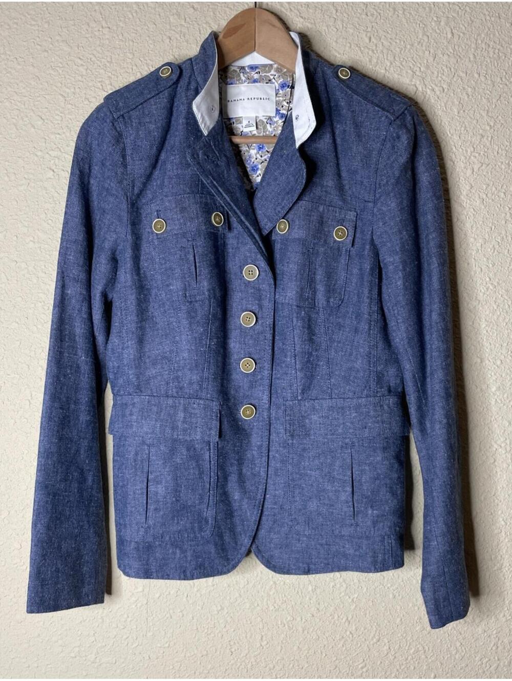 Banana Republic Blazer Womens Size 6 Blue Linen Blend Jacket Military Style